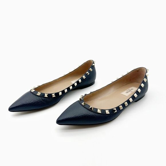 VALENTINO Rockstud Navy Blue Flat Size 37.5 Pointed Toe Leather Gold Stud - Picture 1 of 12